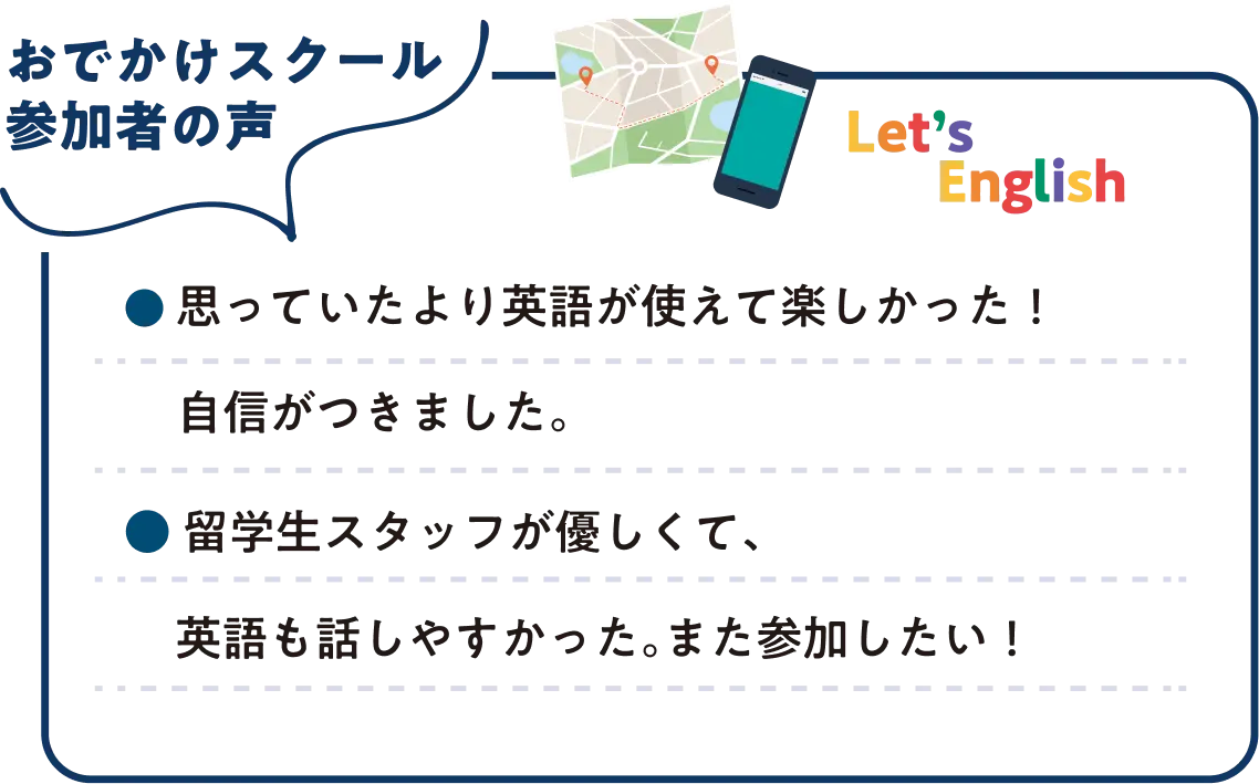 おでかけスクール 参加者の声 思っていたより英語が使えて楽しかった!自信がつきました。 留学生スタッフが優しくて、英語も話しやすかった。また参加したい!